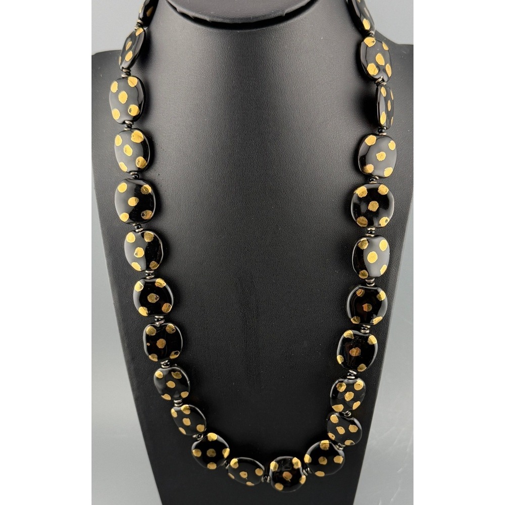 Vintage Necklace Y2K Goth Black Glass Bead Necklace Gold Polka Dot Statement 23"